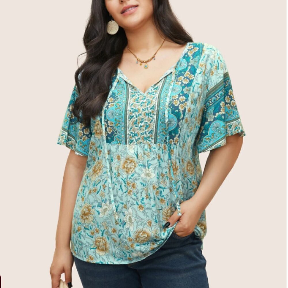BloomChic Plus Size 5XL Boho Print Tie Neck Gathered Blouse us28
